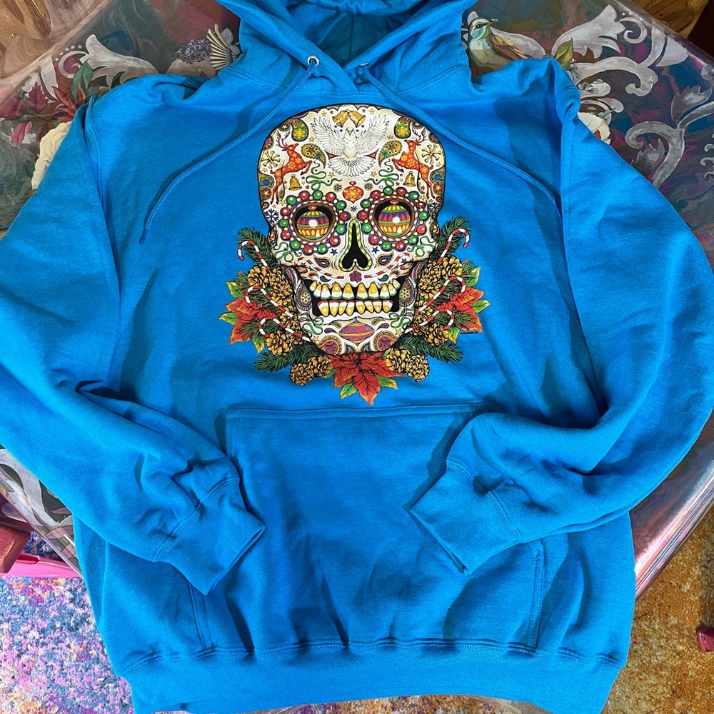 NEW Large Sapphire Christmas Sugar Skull Hoodie